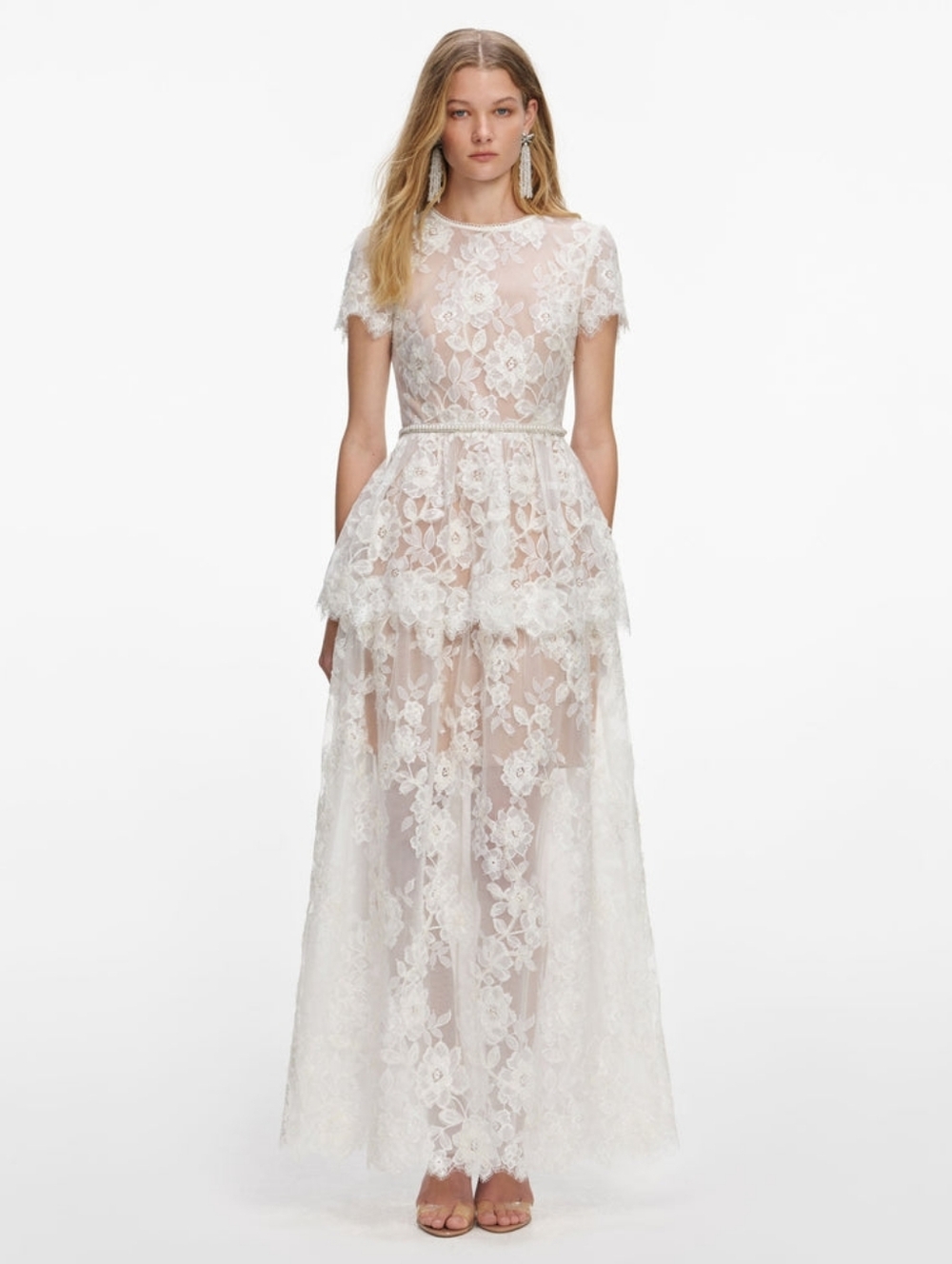 Self-Portrait White Sequin Lace Tiered Maxi Dress
